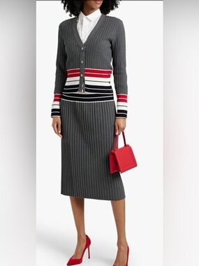 Thom Browne Charcoal Gray Ribbed Knit Midi Skirt with Red & White Stripe Detail
